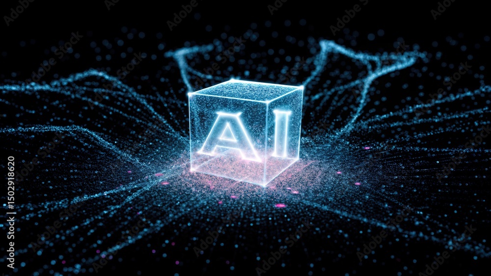 Aufkleber illuminated cube displaying ai shines brightly amidst network of glowing blue particles on black bac