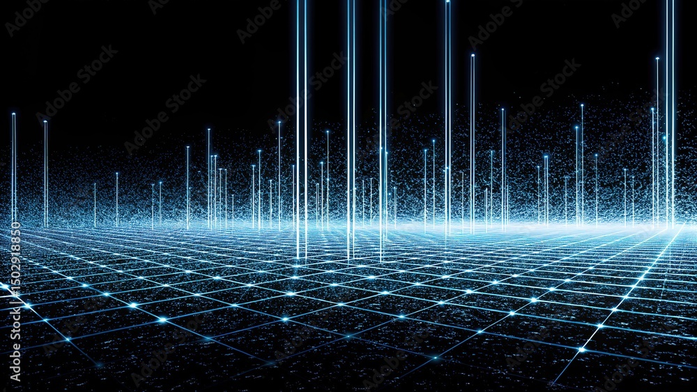 Poster luminous lines ascend over digital grid, illustrating network data flow on a black background