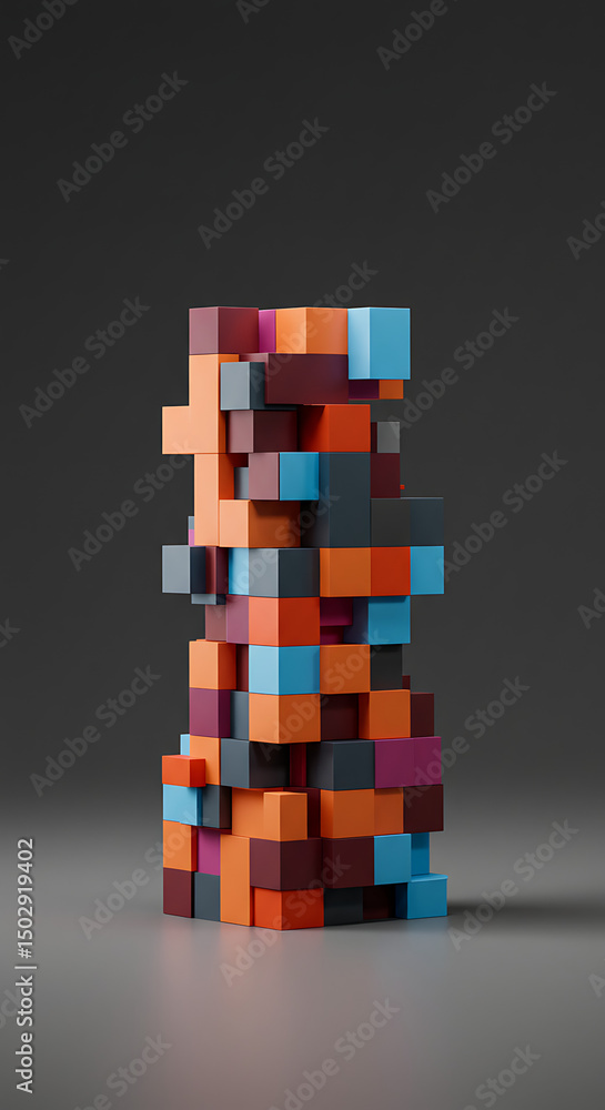 Poster abstract colorful cube tower 3d render of geometric shapes blocks and modern design