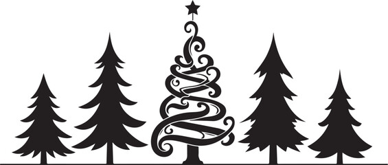 Elegant Swirl Christmas Tree &ndash; Line Art Drawing

