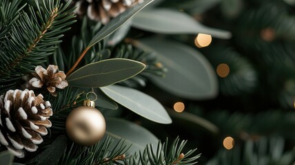 Festive green holiday scene featuring golden ornament, pine cones, eucalyptus sprigs against soft glowing lights, evoking cozy seasonal warmth