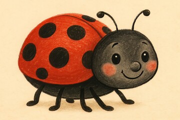 Fototapeta premium A charming cartoon ladybug with a red shell and black spots smiling on a cream colored background