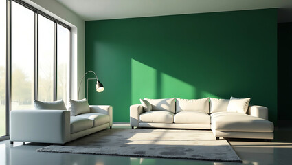 Minimalist modern living room interior with white couch and clean wall in soft neutral color palette