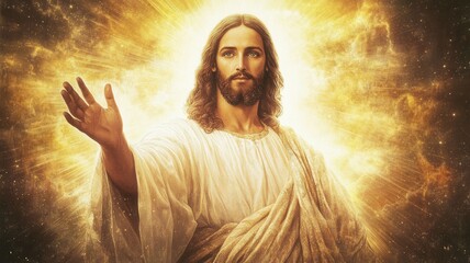 Jesus christ image his hand, surrounded by a warm golden light, creating a powerful and of hope extending faith