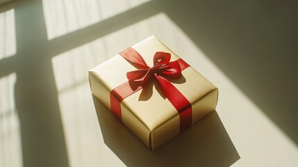 Golden Gift Box with Red Ribbon, Symbolizing Elegance and Celebration
