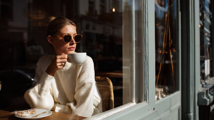 Obraz premium Woman enjoying coffee near a window