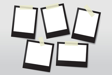 Set of editable realistic vector black blank polaroid frames with slot tips. Ideal for photo collages, scrapbooks, and digital designs.