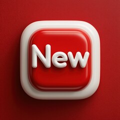 3D Rendering Red button with the word "New" prominently displayed on a textured background. Sosial media style icon