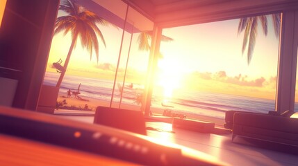 Panoramic view of a modern home with an ocean vista at sunset.