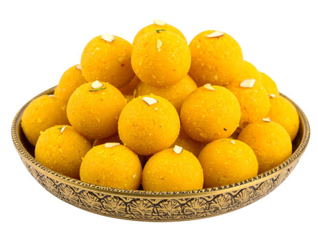 Besan Ladoo in Decorative Bowl &ndash; Traditional Indian Sweet Isolated on White