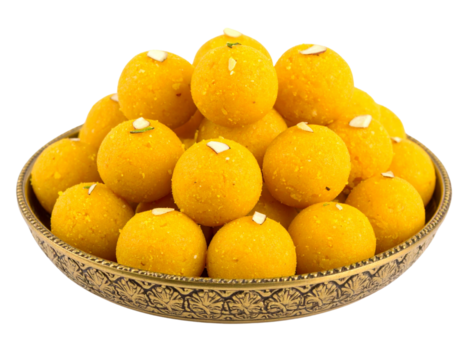 Besan Ladoo in Decorative Bowl – Traditional Indian Sweet Isolated on White