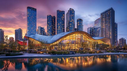 Naklejka premium Golden hour view of city towers high resolution picture