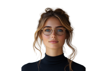 A woman with glasses, wavy blonde hair in bun, black turtleneck, natural makeup, isolated on a transparent background