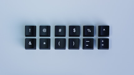 Black Keyboard Keys with Special Characters and Symbols – 3D Rendering on Light Background