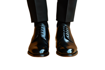 Black polished shoes with laces on dark gray dress pants in formal stance, isolated on a transparent background