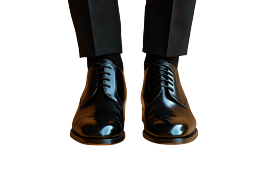 Black polished shoes with laces on dark gray dress pants in formal stance, isolated on a transparent background