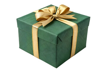 Obraz premium a green gift box wrapped with a gold satin ribbon and bow, isolated on a pristine white background, perfect for holiday celebration, gift present, packaging stock photo