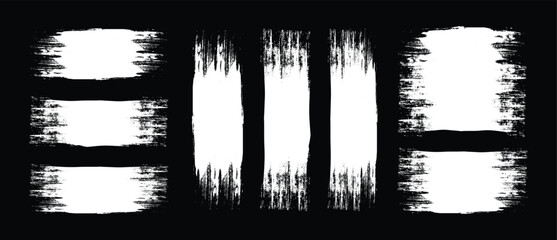 Brush stroke, ink paint brush, grunge lines. Black square shapes with ripped jagged borders on white background. Vintage grunge boxes for collage, text, banner, sticker design.
