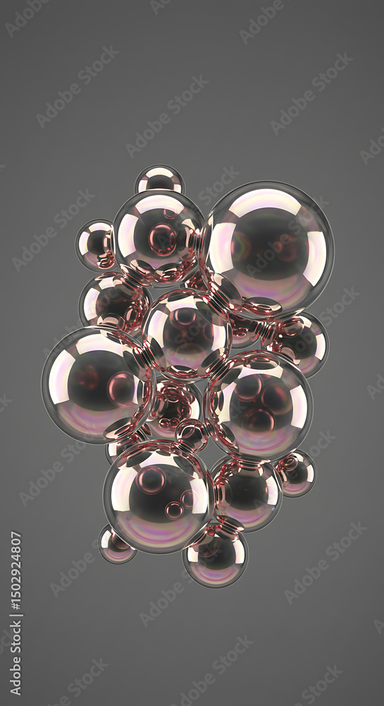 Poster abstract rose gold spheres 3d render glossy bubbles iridescent floating cluster design element