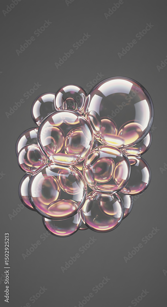 Poster abstract iridescent bubbles glossy spheres 3d rendering translucent orbs floating cluster elegant