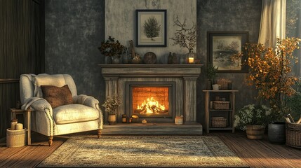 Living Room with Fireplace: A chic living room design featuring a stylish armchair, a cozy fireplace, and raw, textured decor, ideal for showcasing mockups