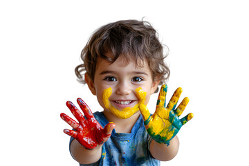 Happy toddler boy with paint-covered hands showing colorful palms and cheerful yellow smile, isolated on a transparent background