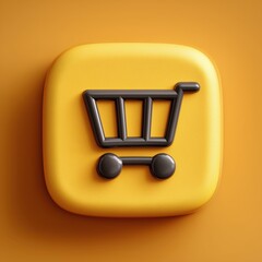 3D Rendering Shopping cart icon on a vibrant yellow background, symbolizing online retail and e-commerce. Sosial media style icon