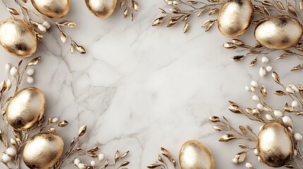 Obraz premium Floral Easter frame with mimosas and painted eggs on the white background. Top view. Copy space
