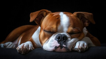 Close-up of a Cute Small Brown and White Dog Sleeping Peacefully on a Black Background with Relaxed Expression and Cozy Feelings, Indoor Pet Resting Scene