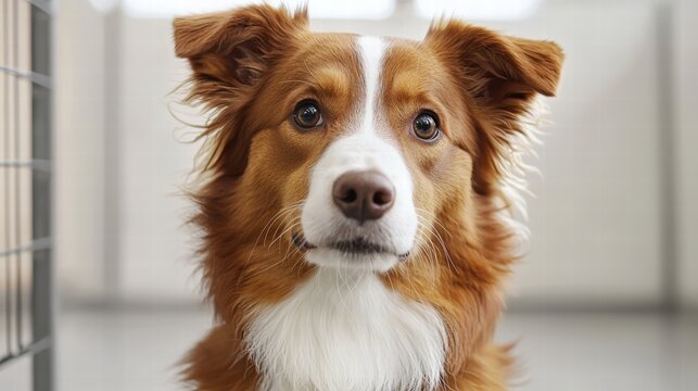 Close-up portrait of a friendly brown and white dog with expressive eyes and fluffy fur, indoors with blurred background, healthy pet care concept