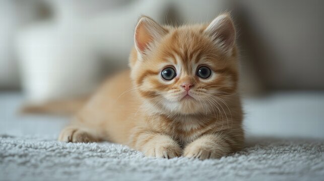 Adorable young orange tabby kitten with blue eyes lying on a soft textured surface in a cozy indoor setting, showcasing curiosity and cuteness in natural light
