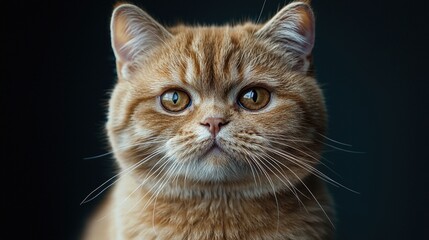 Close up of a ginger tabby cat with detailed fur and amber eyes looking directly at the camera against a dark background