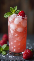 Iced Raspberry Mojito with Mint and Crushed Ice in Clear Glass on Slate Background, Summer Refreshing Pink Cocktail Drink with Condensation, Fresh Berries and Herbs, 45 Degree Closeup Shot