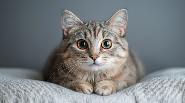 Close-up of a cute brown tabby cat with striking yellow eyes lying on a soft bed looking directly at the camera with a calm expression indoor shot - Powered by Adobe