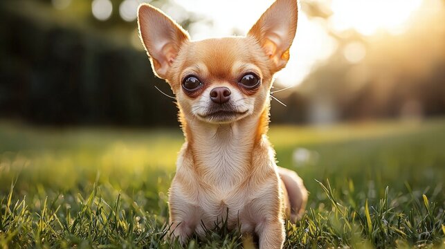 Adorable small Chihuahua puppy sitting on lush green grass outdoors in warm sunlight with a blurred natural park background showcasing its cute expression and tiny size