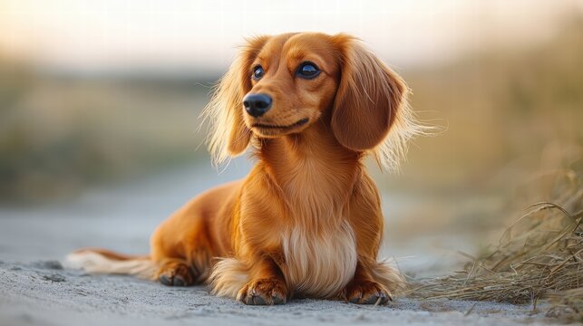 Adorable long-haired dachshund puppy sitting outdoors on a sandy trail with a blurred natural background du daylight, showcasing a cute playful dog
