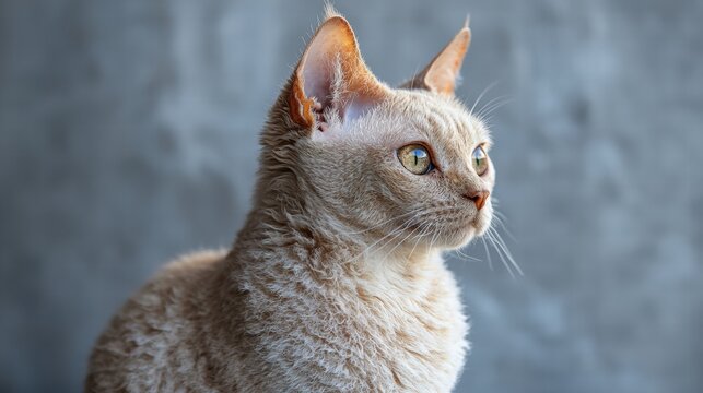 Close-up of a curious beige tabby cat with green eyes looking attentively to the side against a textured gray background in natural light