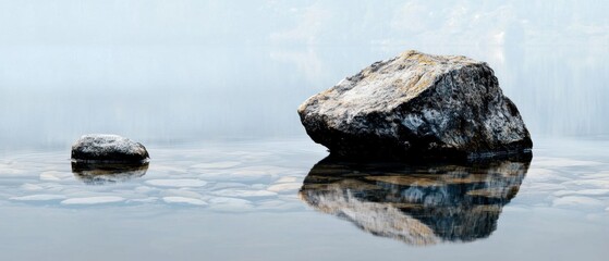 Photograph of a large rock in the middle of a body of water. the rock is large and jagged, with a rough texture and appears to be weathered and aged.