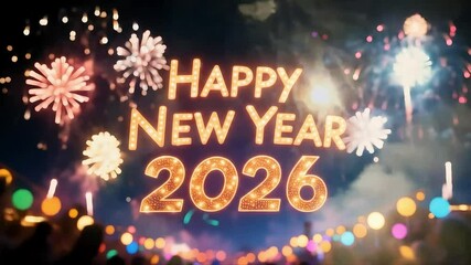 happy new year 2026 neon text firework happy new year animated background greetings happy new year 2026 shining sparkling - Powered by Adobe