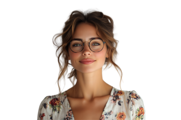 Smiling woman with round glasses, messy blonde hair, floral blouse, warm expression, professional portrait, isolated on a transparent background