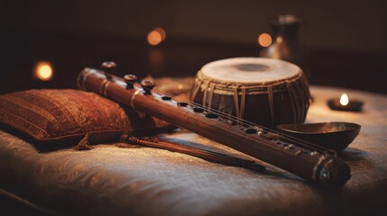 Traditional Musician Playing Drum and Flute by Scenic Outdoor Lakeside Setting