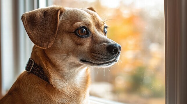 Close-up of small brown dog with alert expression looking out of window du daytime with autumn foliage in background, detailed portrait of pet indoors