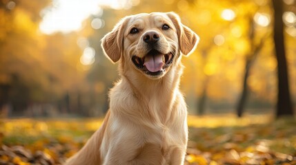 Happy Labrador Retriever Dog Sitting Outdoors Du Autumn with Golden Leaves Falling and Bright Sunlight Creating Warm Seasonal Atmosphere