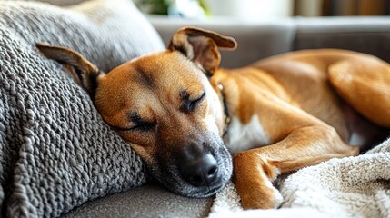 Adorable small brown and white dog peacefully sleeping on cozy gray couch with textured blanket and pillows in a warm home setting
