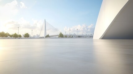 Empty paved plaza with modern architecture in the background.