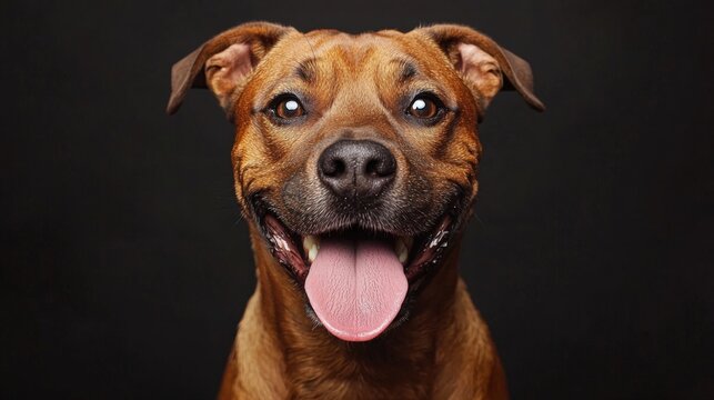 Close-up portrait of cheerful happy brown dog with alert expression and open mouth showing tongue, isolated on black background, detailed and vibrant