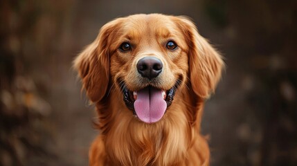 Close-up portrait of a happy golden retriever dog with a bright smile and tongue out outdoors in natural light, showcasing a friendly playful pet with shiny fur