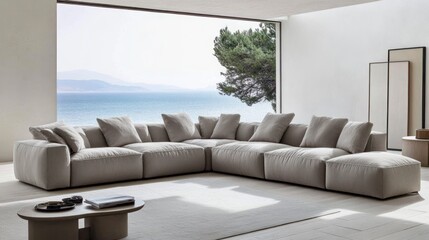 Obraz premium Modern sectional sofa with a view of the ocean.