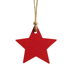 Red wooden star ornament hanging on rope isolated on transparent background