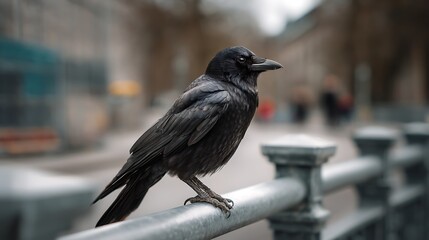 Black Crow Perched on Grey Metal Railing in Blurred City Background